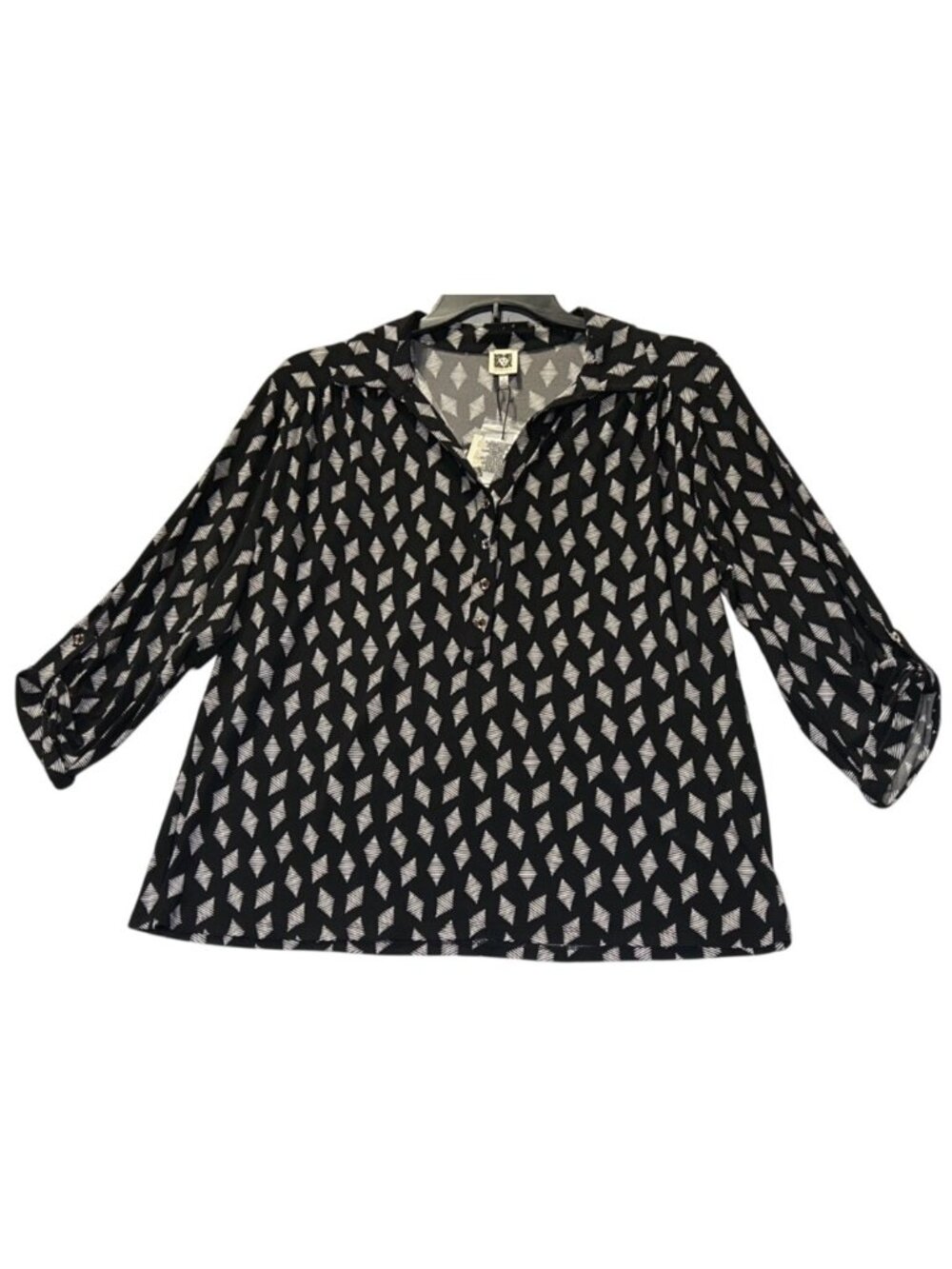 Anne Klein Womens Plus Size 1X Black & White Diamond Pattern 3/4 Sleeve Knit Top